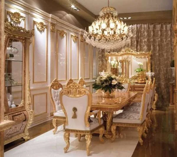 Luxury golden dining table with 8 chairs