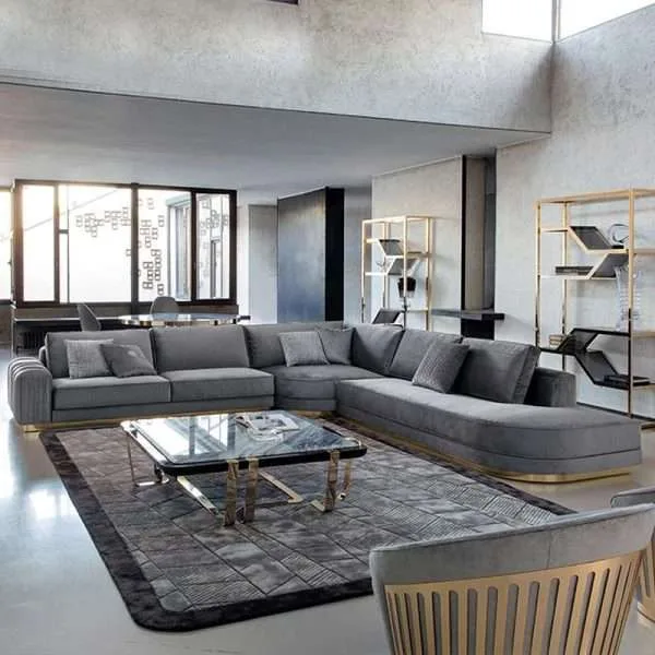 Luxury italy L shape grey velvet sofa set