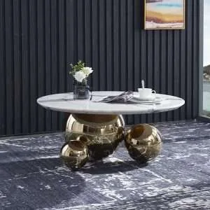 Luxury modern center table for living room, Round marble coffee table, Stainless steel ball color plated base tea table