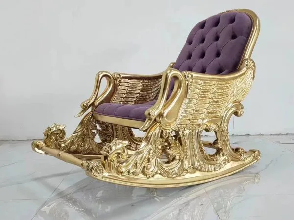 Lavender Velvet and Golden Crane Rocking Chair with Exceptional Craftsmanship