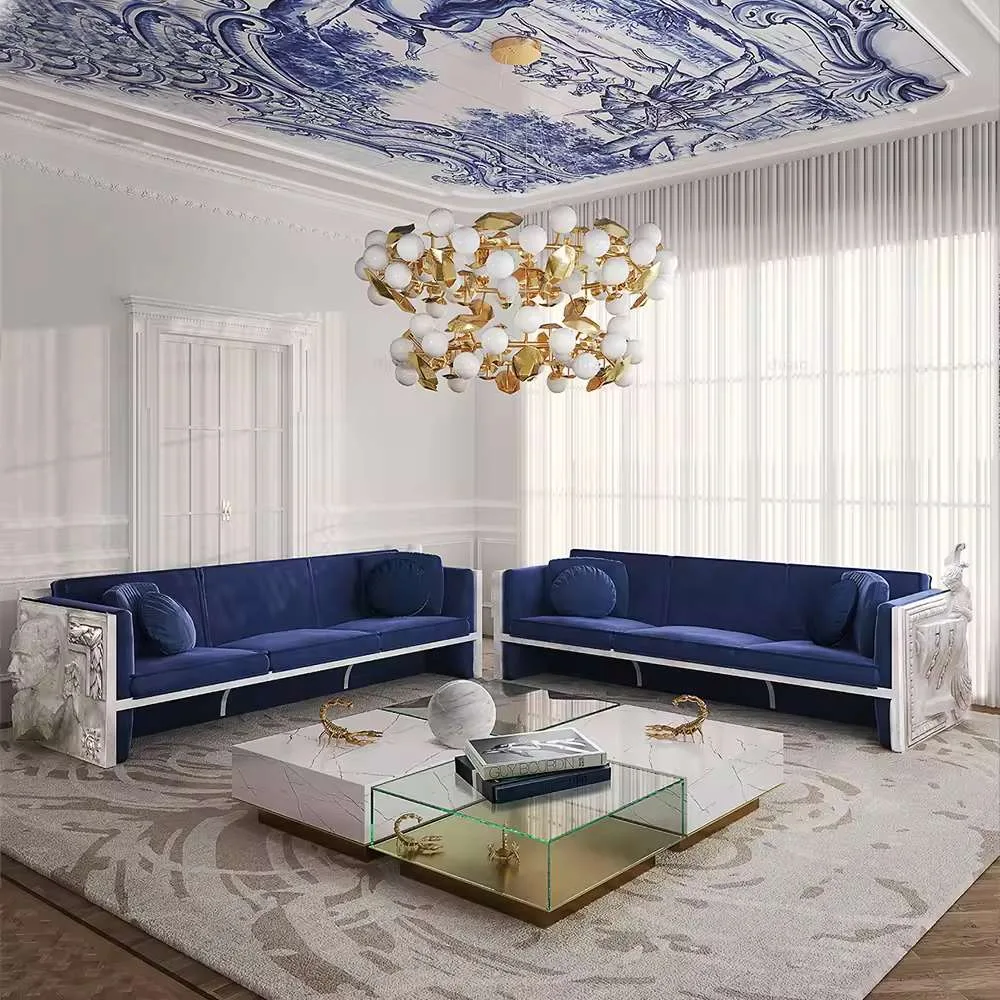 Luxurious Living Room with Blue Velvet Sofa