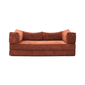 A cozy, warm brown corduroy sofa, shown in its compact, folded position, ready to enhance any living space with its inviting texture and smart design